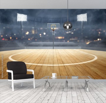 Bild på Basketball court with wooden floor lights reflectors and tribune